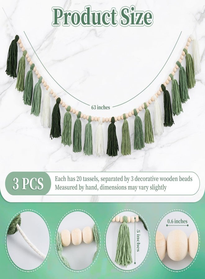ARQRHTLY 3 Pcs Green Boho Yarn Tassel Garlands Sage Green Wall Hanging Decoration with Wood Beads Neutral Woodland Forest Party Tassel Banner for Nursery Classroom Room Dorm Birthday Baby Shower Deco - Image 3